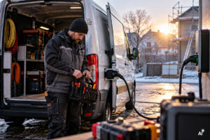Elektrikár pri nabíjajúcej sa dodávke